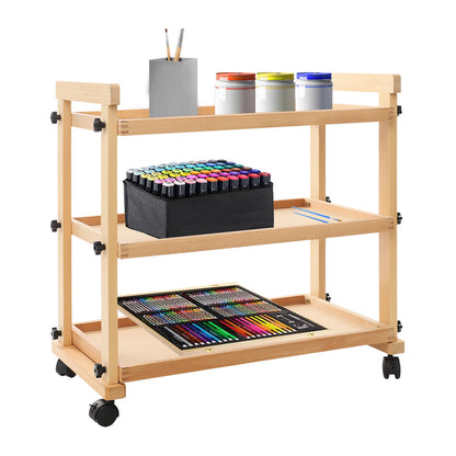 3-laags Kunstwagen – Kunstkar – Opberger – Trolley – Werkstation – Houten Planken – Metalen Frame – Mobiel met Remmen – Stevig & Ruim