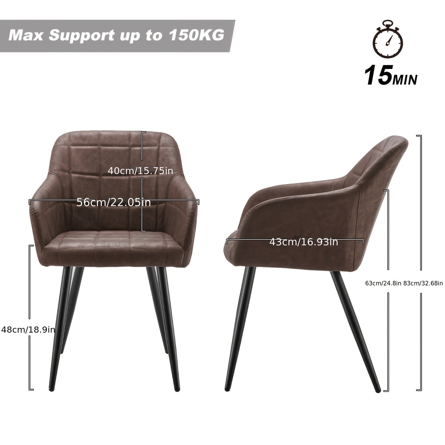 Eetkamerstoelen – Stoelen Met Armleuningen – Kunstleren Stoelen – Design Stoelen – Donkergrijs – Memory Foam Zitting – Stevige Metalen Pootjes