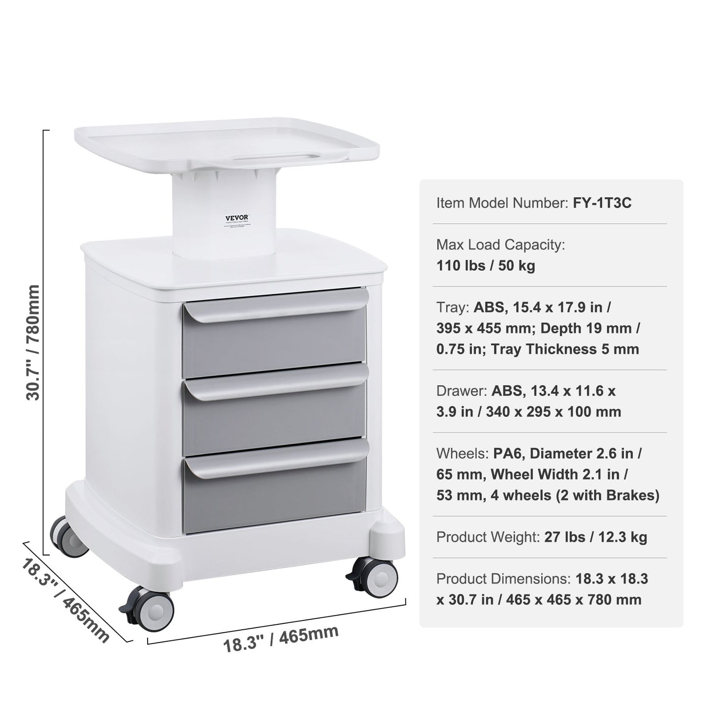 Medische Kar – Laboratoriumkar – Trolley – Medische Trolley – Opbergkar – 4 Laden & Bovenbak – Duurzaam ABS Materiaal – 4 Stilte Wielen