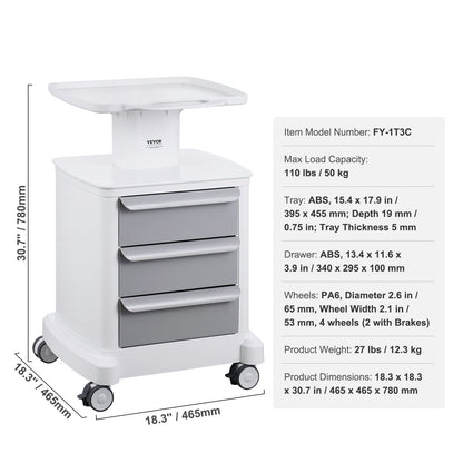 Medische Kar – Laboratoriumkar – Trolley – Medische Trolley – Opbergkar – 4 Laden & Bovenbak – Duurzaam ABS Materiaal – 4 Stilte Wielen