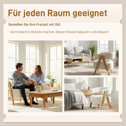 Fauteuil – Stoel – Armstoel – Zitstoel – Accentstoel – Wit – Zachte Fleece Bekleding – Metaal Frame Met Houten Poten