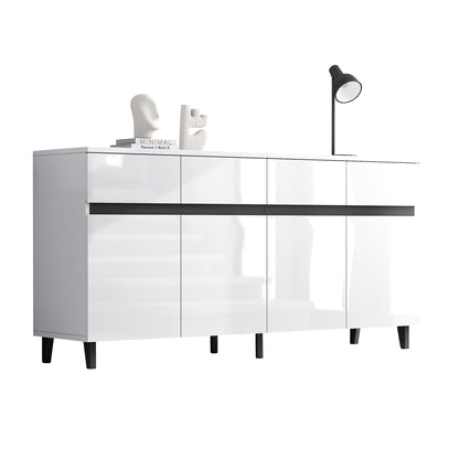 Moderne Kast – Opbergkast – Ladekast – Hoogglans Kast – Dressoir – Wit Hoogglans – 4 Ruime Lades – Verstelbare Planken
