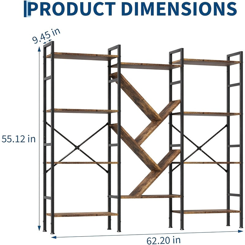Industrial 4-Tier Large Bookcase with 14 Shelves - Heavy-Duty & Metal Frame Bookshelf, Rustic Storage Shelf Suitable for Living Room, Bedroom, Office - Assembly, Space-Saving Freestanding Furniture