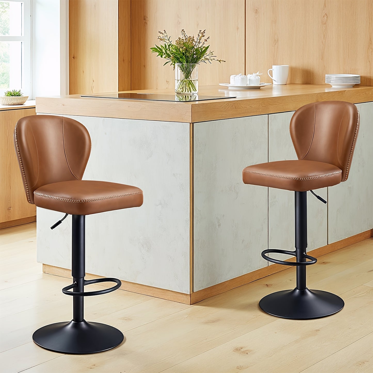 Barkrukken – Barstoelen – Keukenkrukken – Barkruk Set – Draaibare Barkrukken – Bruin – 360° Draaibaar – Verstelbare Zithoogte met Rugleuning