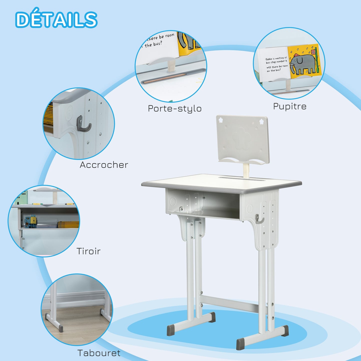 Kinderbureau – Kindertafel – Kindermeubel – Studiebureau – Bureau met Stoel – Verstelbare Hoogte – Met Boekensteun en Opbergruimte – Grijs-Wit – 60x45 cm