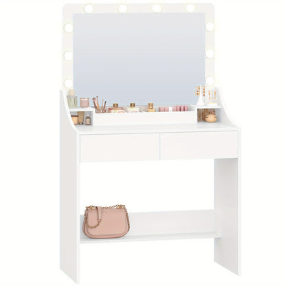 Kaptafel – Make-uptafel – Vanity – Schminktafel – Toilettafel – Wit – Grote Spiegel Met LED-verlichting – 3 Lades & Opbergruimtes