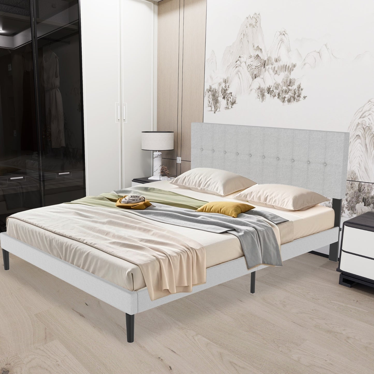 Bedframe – Gestoffeerd Bed – Tweepersoonsbed – Kingsize Bed – Lattenbodem – Linnen Hoofdeinde – Stevig MDF Metalen Frame – 160x200 cm – Draagvermogen 300 kg