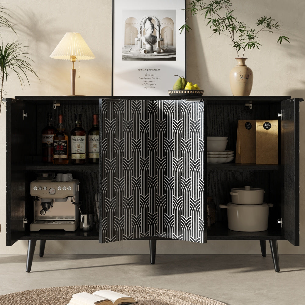 Dressoir – Opbergkast – Ladekast – Buffetkast – Woonkamerkast – Vrijstaand – Hout & Spaanplaat – Visgraatpatroon Deur – Afmetingen 120x35x78 cm – Zwart