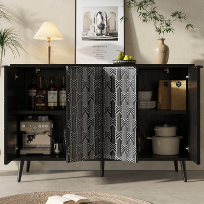 Dressoir – Opbergkast – Ladekast – Buffetkast – Woonkamerkast – Vrijstaand – Hout & Spaanplaat – Visgraatpatroon Deur – Afmetingen 120x35x78 cm – Zwart