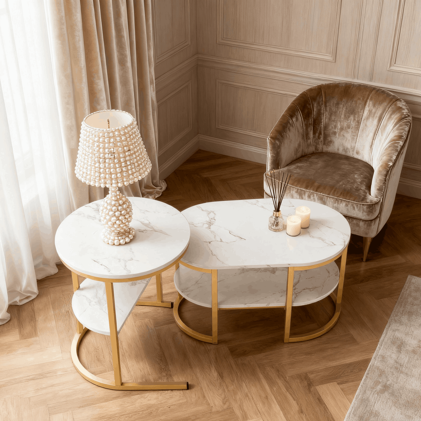 Ronde Salontafel Set – Bijzettafel – Sofa Tafel – Nestbare Tafels – Marmerlook – MDF Metalen Poten – Ruimtebesparend Design – Gouden Variant
