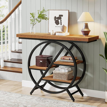 Industriële Sidetable – Haltafel – Wandtafel – Opbergtafel – Bijzettafel – Rustiek Bruin – Geometrisch Metalen Frame – 4 Niveaus Met Stevig 4cm Tafelblad