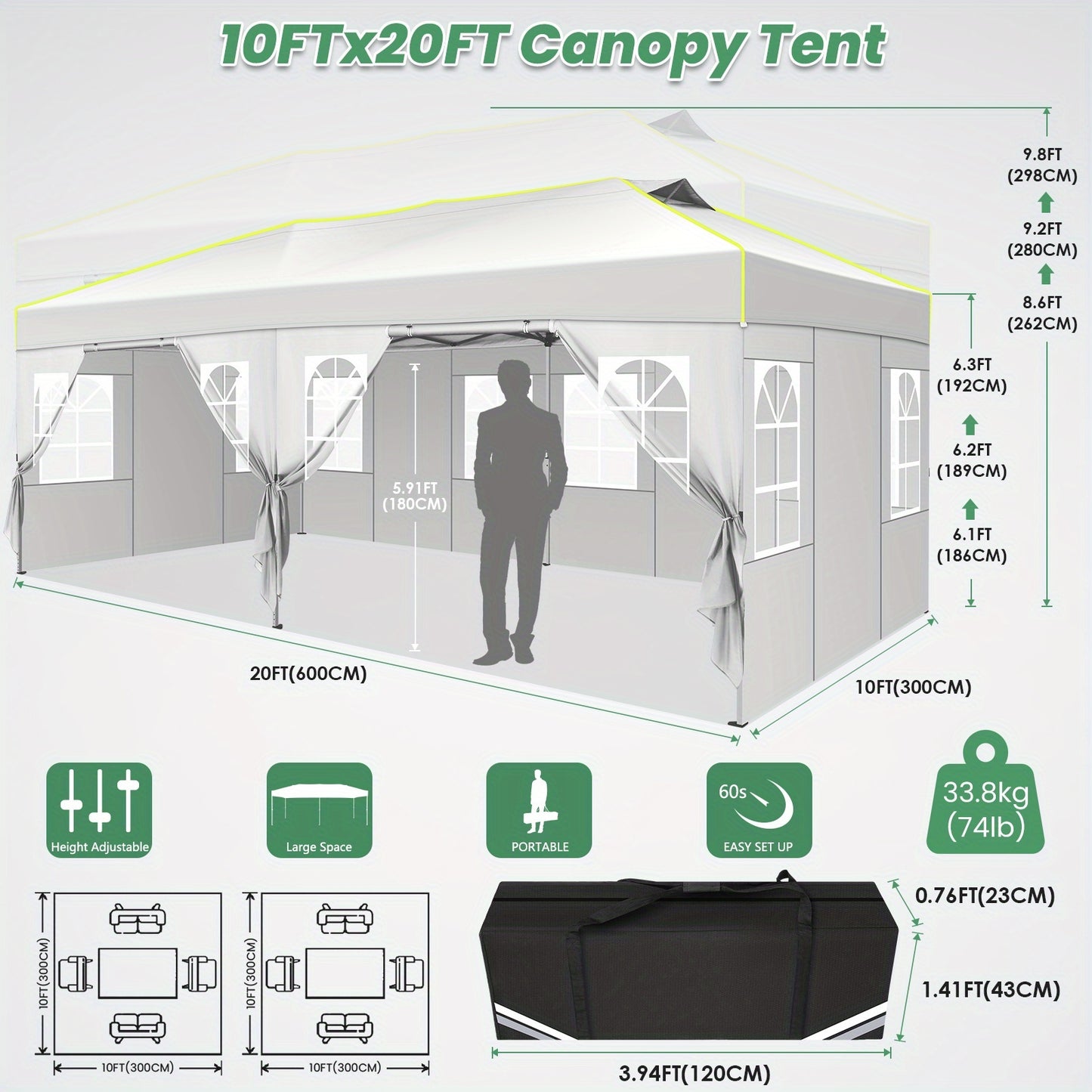 Partytent – Paviljoen – Feesttent – Tuintent – Vouwtent – 3x6 Meter – Oxford Stof – Inklapbaar Met Centrale Klikvergrendeling – 6 Zijwanden – Fluorescerende Strepen – Waterafstotend – Zwart