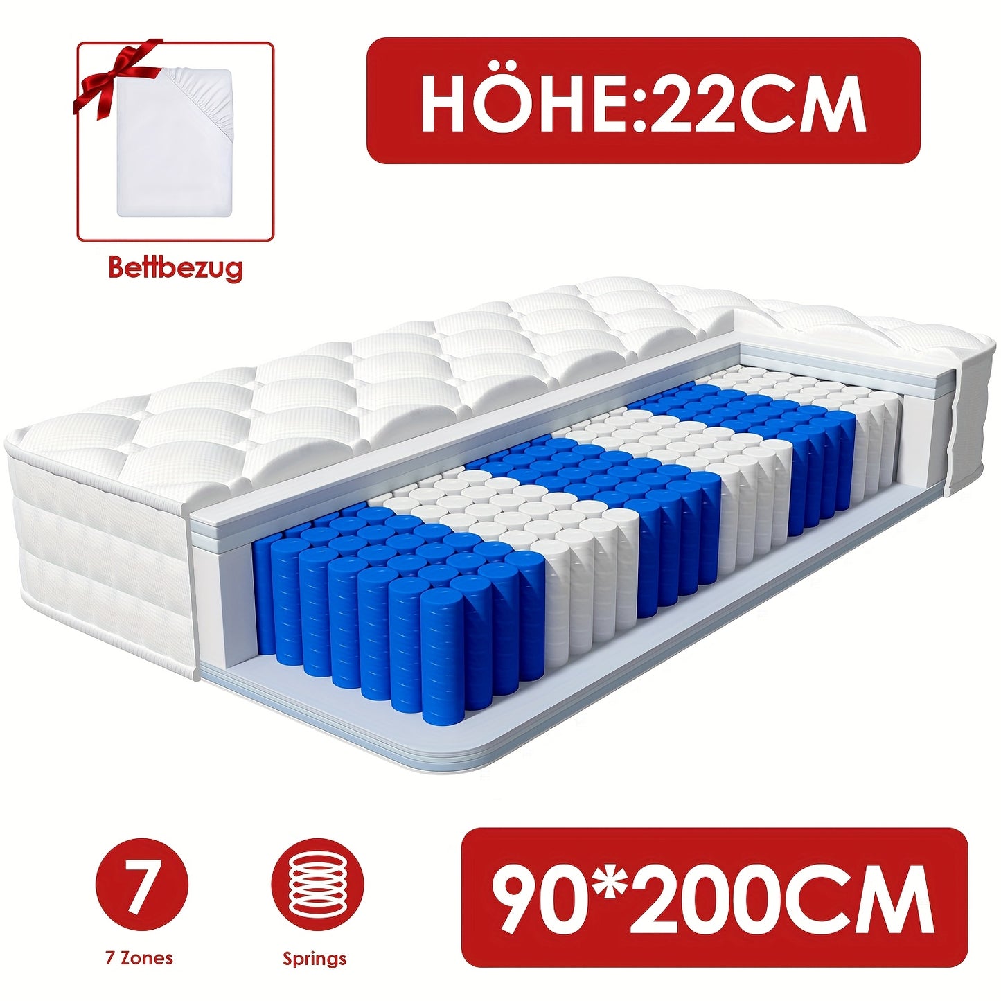 Carroltt Mattress 90x200cm 7 Zones, Pocket Spring Mattress 22cm High, Pocket Spring Mattress Firmness Grade H3