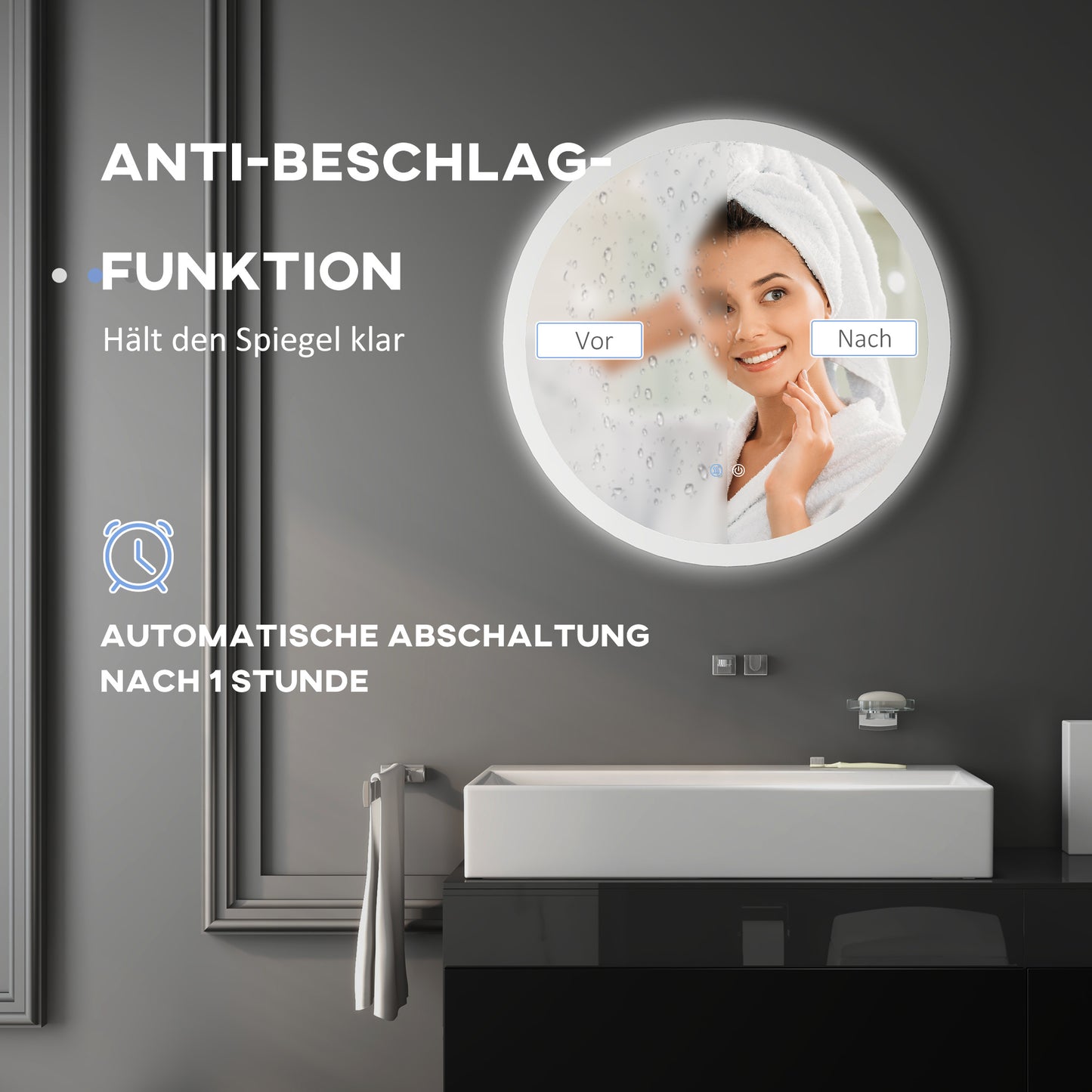 Badkamerspiegel – Wandspiegel – Spiegel – Make-upspiegel – Scheerspiegel – LED-Verlichting – Antidampfunctie – Wit met Zilverkleurige Accenten