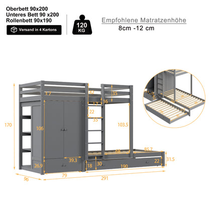 Stapelbed – Hoogslaper – Kinderbed – Multifunctioneel Bed – Uitklapbaar Logeerbed – Massief Hout – 90x200 cm – Met Kledingkast en Ladeblok