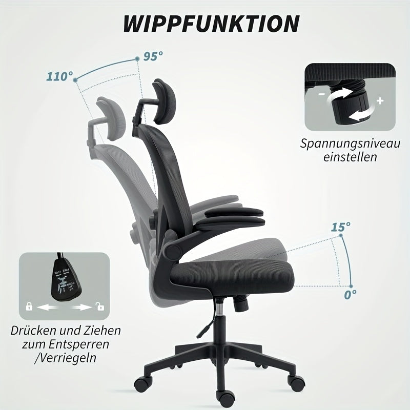 Ergonomic Office & Gaming Chair with Adjustable Lumbar Support, Breathable Mesh Backrest, Height-Adjustable Armrests (Foldable), 95°-110° Reclining Mechanism, Memory Foam Seat Cushion & Five-Wheel Base - Heavy-Duty Hardwood