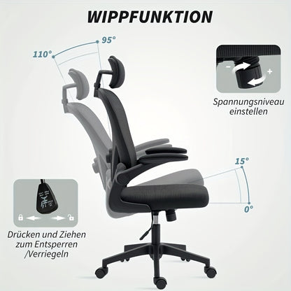 Ergonomic Office & Gaming Chair with Adjustable Lumbar Support, Breathable Mesh Backrest, Height-Adjustable Armrests (Foldable), 95°-110° Reclining Mechanism, Memory Foam Seat Cushion & Five-Wheel Base - Heavy-Duty Hardwood