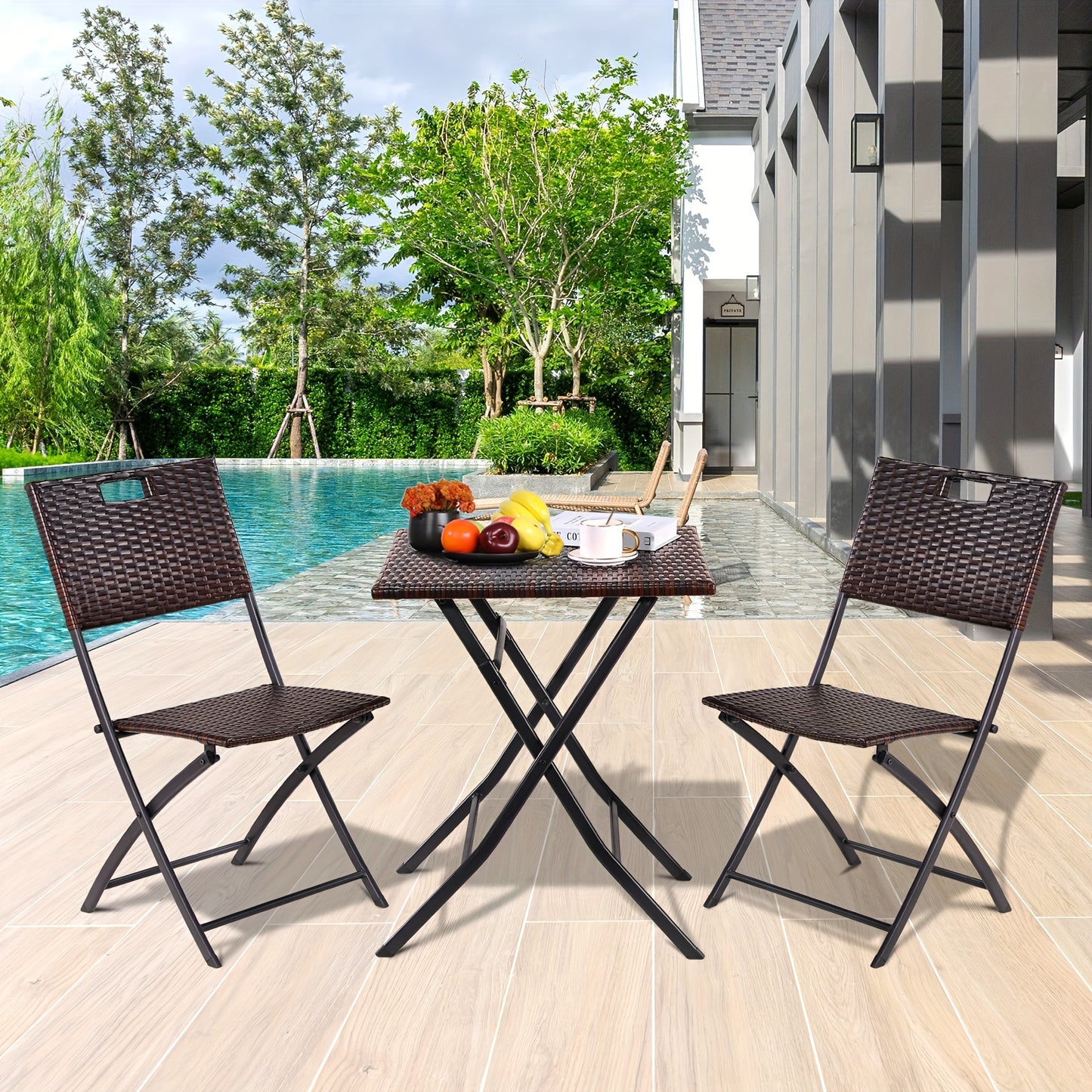 3-delige Tuinset – Balkonmeubel Set – Rattan Bistro Set – Opvouwbare Tafel En Stoelen – Lichtgewicht Outdoor Meubilair – Ideaal Voor Terras En Tuin – Compact En Handzaam