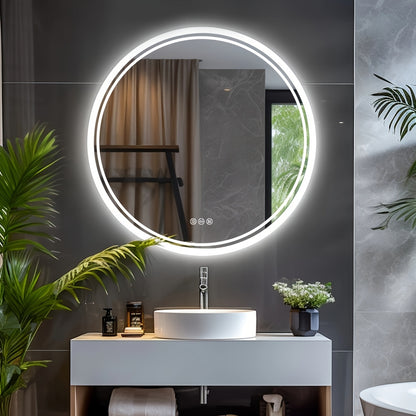 Round LED Bathroom Mirror, Dimmable Lighting, 60/80cm Backlit Anti-fog Makeup Wall Mirror, Smart Touch Button, Cold/Warm/Neutral Light, Memory Function Modern Shaving Mirror, with Frosted Edge, Bathroom Mirrors for Wall, Cont