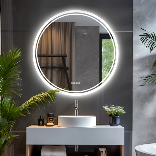 Round LED Bathroom Mirror, Dimmable Lighting, 60/80cm Backlit Anti-fog Makeup Wall Mirror, Smart Touch Button, Cold/Warm/Neutral Light, Memory Function Modern Shaving Mirror, with Frosted Edge, Bathroom Mirrors for Wall, Cont