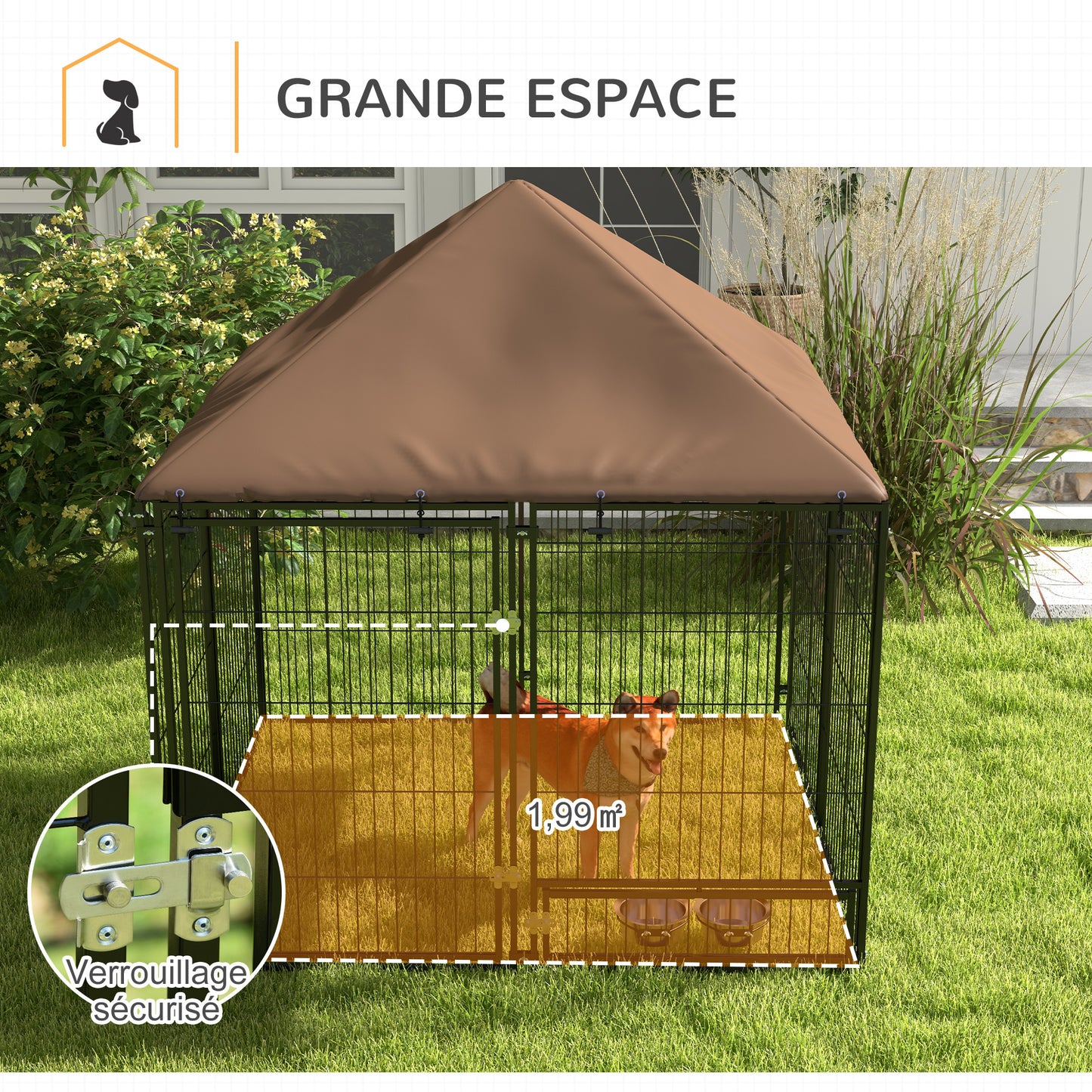 Hondenkennel – Hondenren – Hondenhok – Hondenkooi – Buitenkennel – Metalen Frame – Waterdicht Oxford Dak – 141x141x151 cm – Met Voerbakhouder