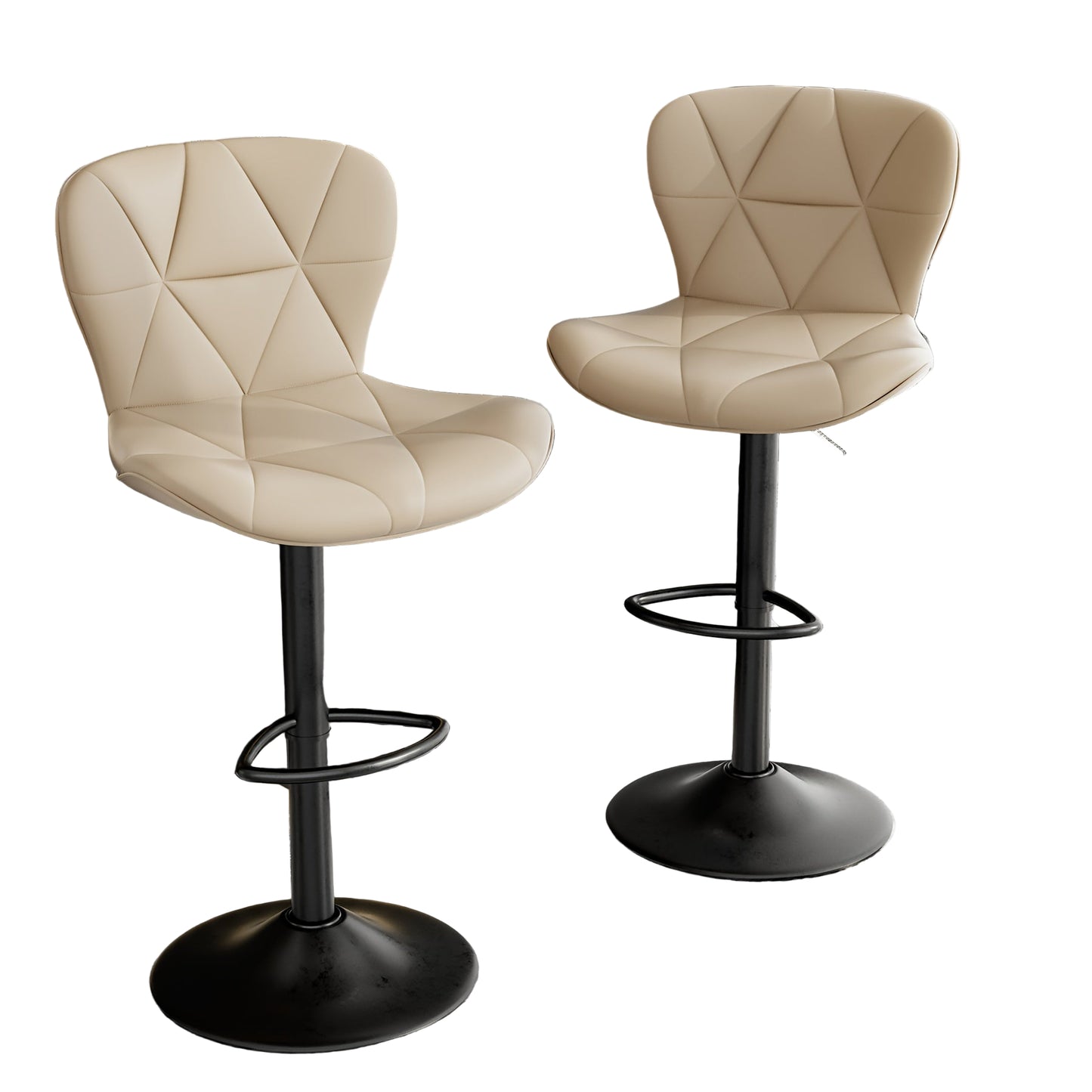 Barstoel – Barkruk – Barstoel met Rugleuning – Keukenstoel – Bistrokruk – Verstelbaar – Draaibaar – Kunstleren Bekleding – Memory Foam Zitting – Set van 2 – Licht Camel