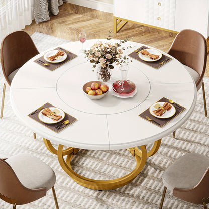 Eettafel – Dinertafel – Keukentafel – Salontafel – Rond – Extra Groot 119 cm – Wit Gelakt Spaanplaat – Gouden Metalen Onderstel – Ruimtebesparend & Modern Design