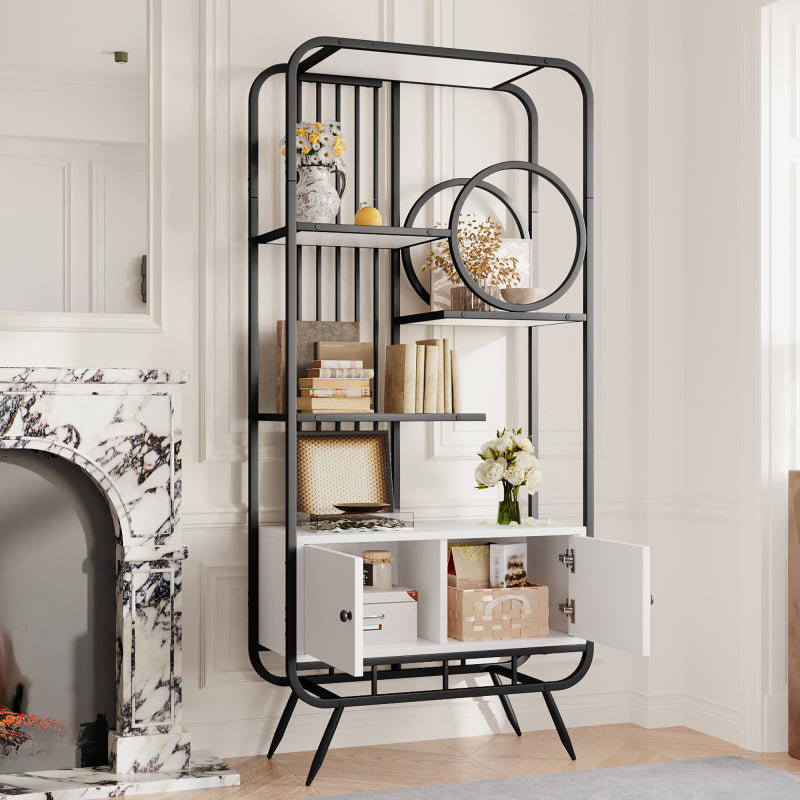 80 X 30 X 180 Cm Metal Shelving Unit, White Storage Cabinet with Double Doors, Three Shelves, Black Metal Frame, High Metal Feet, Round Decoration, White + Black