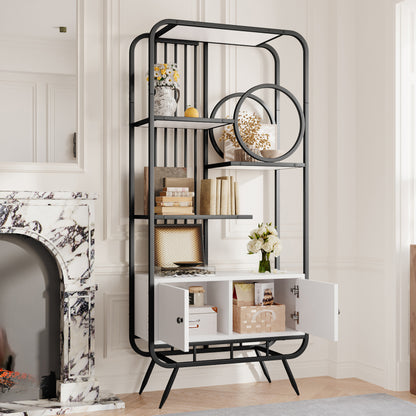 80 X 30 X 180 Cm Metal Shelving Unit, White Storage Cabinet with Double Doors, Three Shelves, Black Metal Frame, High Metal Feet, Round Decoration, White + Black