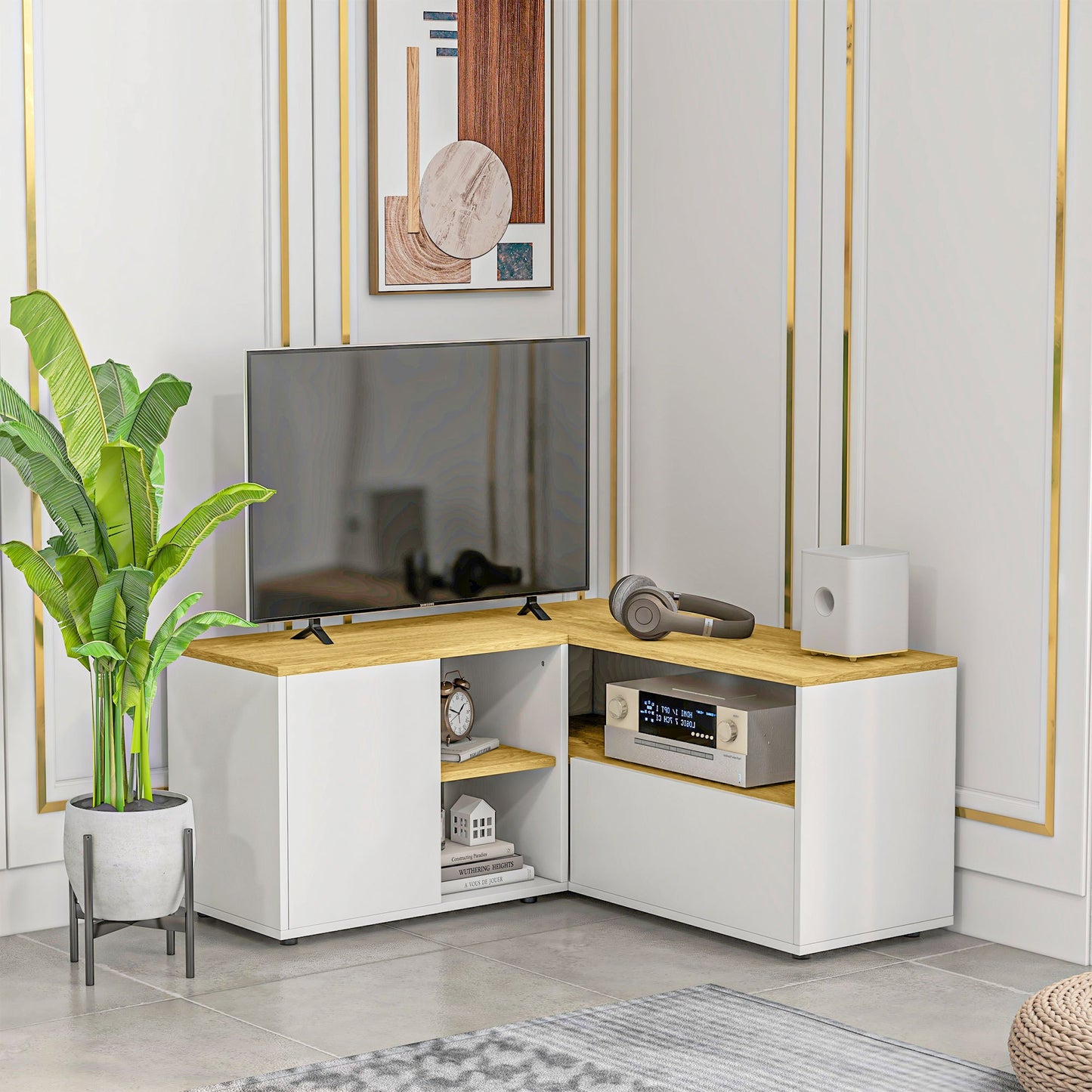 Hoek TV Meubel – Tv-standaard – Tv Cabinet – Tv Bankje – Media Meubel – Licht Hout en Wit – Geschikt Voor Tv’s Tot 40 Inch – Met Opbergruimte