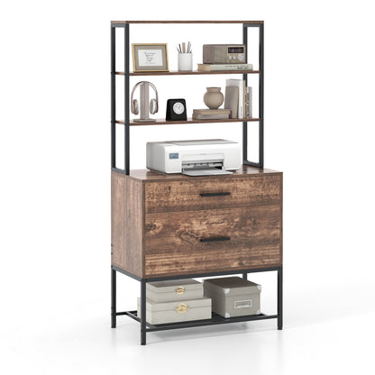 Archiefkast – Filekast – Kantoorrek – Documentenkast – Ladenkast – Vintage Bruin – 3 Open Planken – 2 Grote Laden Voor Hangmappen