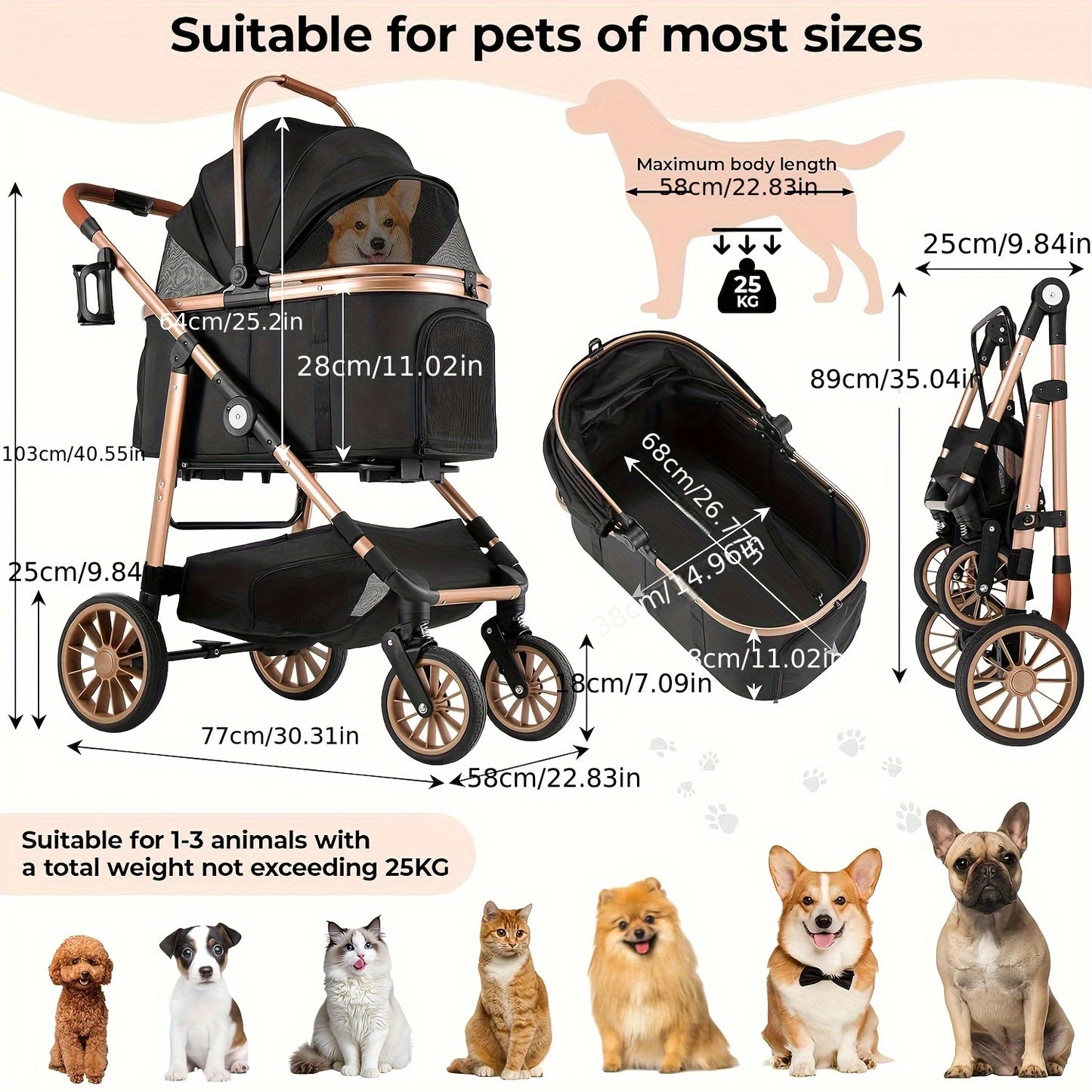 Huisdierenwagen – Dierenwagen – Hondenwagen – Kattenwagen – Draagmand – Champagne Golden + Zwart – 4-in-1 Multifunctioneel – Stevig Carbon Stalen Frame