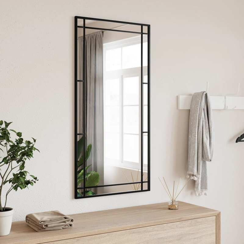 Wandspiegel – Spiegel – Badkamerspiegel – Hangspiegel – Woondecoratie – Zwart – Rechthoekig – 50x100 cm – IJzeren Frame – Verticaal – Zonder Elektriciteit