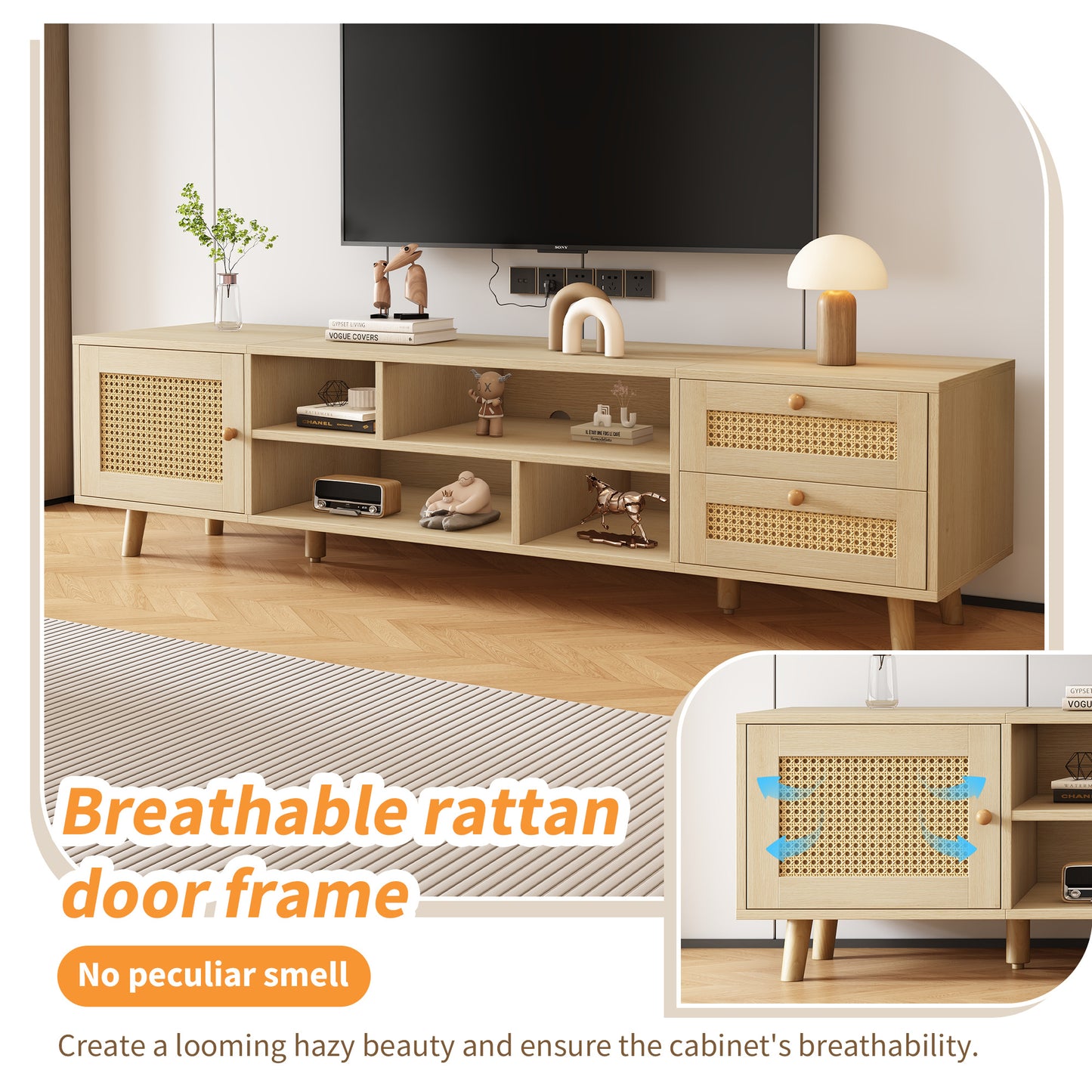 TV Lowboard – TV Meubel – TV Kast – TV Dressoir – TV Cabinet – Houtlook & Rattan – Geschikt Voor 70 Inch – Verstelbare Poten & Kabelbeheer