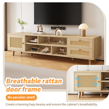 TV Lowboard – TV Meubel – TV Kast – TV Dressoir – TV Cabinet – Houtlook & Rattan – Geschikt Voor 70 Inch – Verstelbare Poten & Kabelbeheer