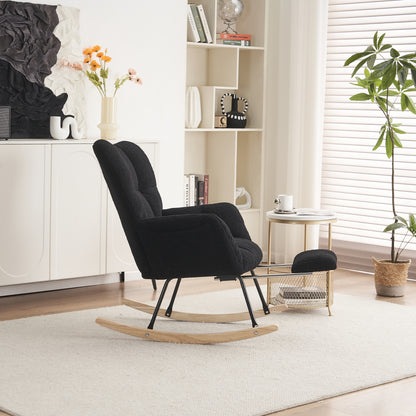 Contemporary Black Rocking Chair with Padded Teddy Bear Taffeta Cover & Extendable Footrest - Heavy-Duty Metal Frame, Easy Assembly, Soft Cushioned & Backrest, Hard Floor Compatible - Modern Accent Chair for Living Room, Bedr