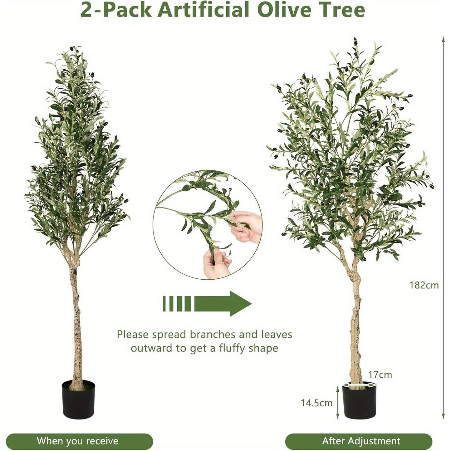 Artificial Olive Trees Set of 2, 182 Cm High Artificial Plant in Cement Pot, Houseplants with Natural Leaves, 72 Fruits, Large Artificial Trees for Office, Home