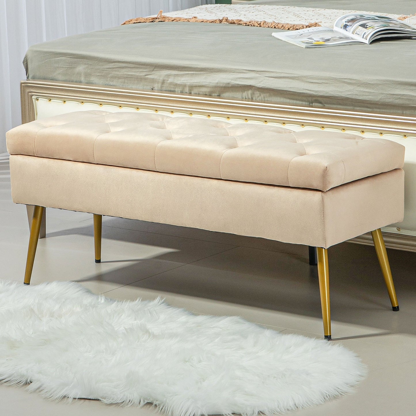 Opbergbank – Opbergbank – Poef – Zitbank – Hocker – Beige Velvet-Look – Getufte Bekleding – Stevig Metalen Frame – 102x35x43 cm