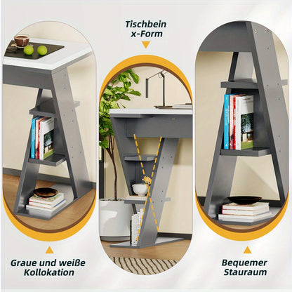 Bureau – Bureautafel – Werkplek – Computertafel – Computerbureau – Modern X-frame – Ruim Werkblad – Open Opberglades – Stevig & Onderhoudsvriendelijk – Grijs/Wit