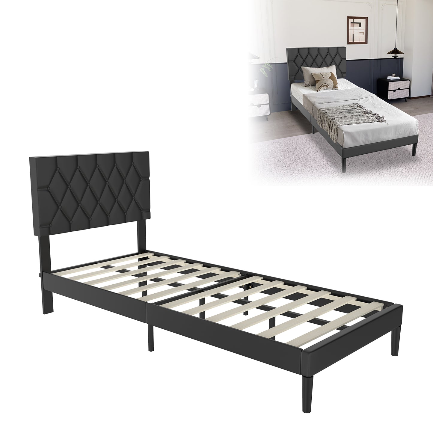 Gestoffeerd Ledikant – Bed – Bedframe – Slaapbank – Ledikant Zwart – Imitatieleren Bekleding – 90x200 Cm – Houten Lattenbodem – Modern Design