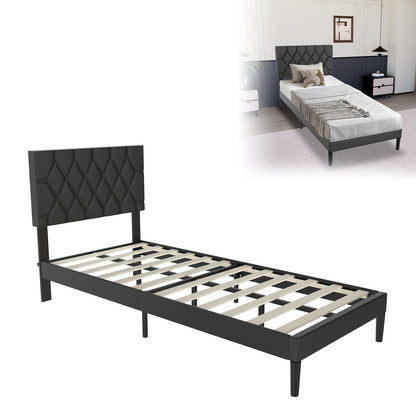 Gestoffeerd Ledikant – Bed – Bedframe – Slaapbank – Ledikant Zwart – Imitatieleren Bekleding – 90x200 Cm – Houten Lattenbodem – Modern Design
