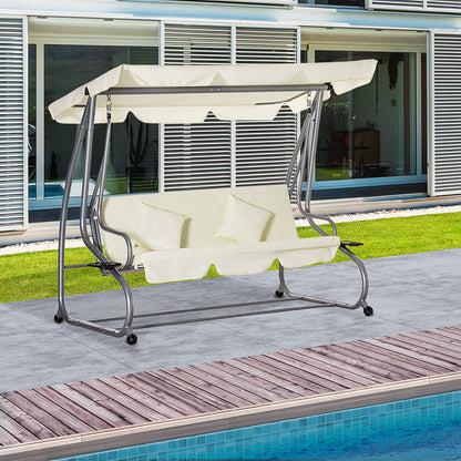 Tuinbank Schommelbank Balkonbank Buitenbank Tuinmeubel – 3-Zits – Gepoedercoat Staal – Verstelbaar Polyester Dak – Inclusief Zijtafels met Bekerhouders – 200x120x164 cm – Beige