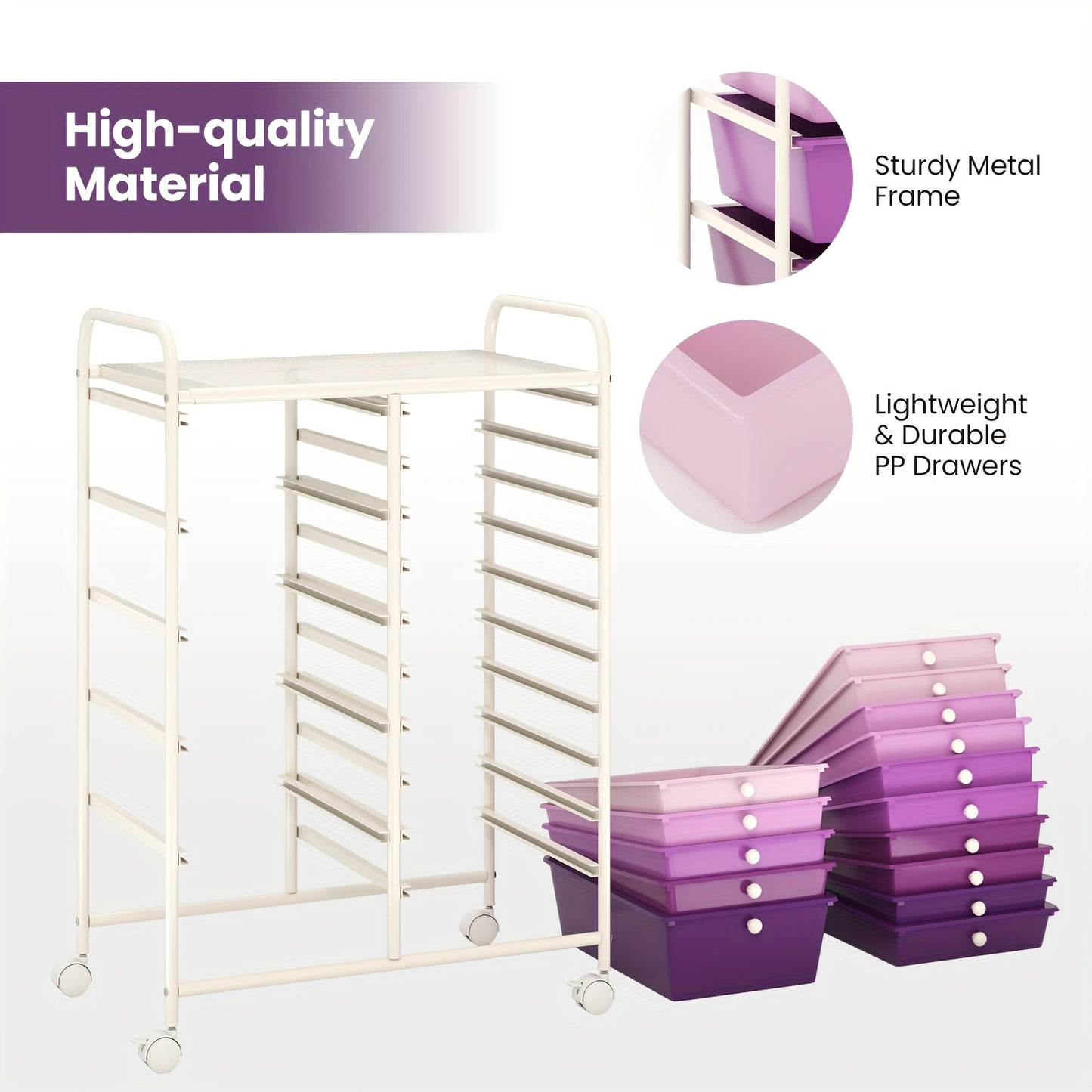 Opberkkastje – Opbergwagen – Ladenkast – Rolcontainer – Organizer – Paars – 12 Laden In 2 Maten – Stevig Metalen Frame & 360° Zwenkwieltjes