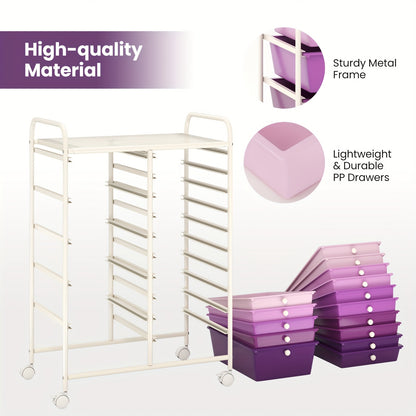 Opberkkastje – Opbergwagen – Ladenkast – Rolcontainer – Organizer – Paars – 12 Laden In 2 Maten – Stevig Metalen Frame & 360° Zwenkwieltjes