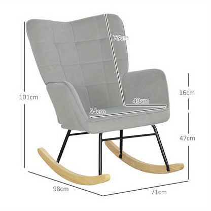 Schommelstoel – Relaxstoel – Fauteuil – Loungestoel – Voedingsstoel – Lichtgrijs Fluwelen Bekleding – Met Houten Sledes en Stabiel Metalen Frame