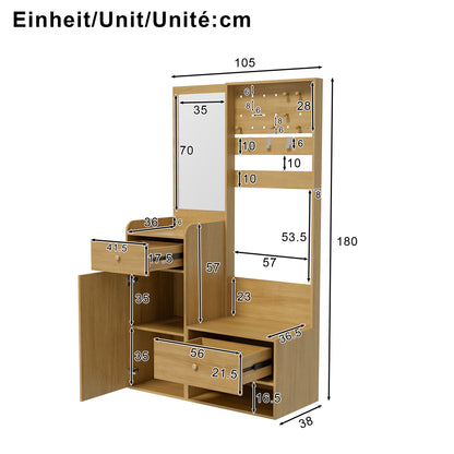 Kapstok – Wandkapstok – Garderobekast – Halmeubel – Schoenenrek – Compact Design – Verstelbare Haken – Spiegel – Warme Houtlook – 105x38x180 cm