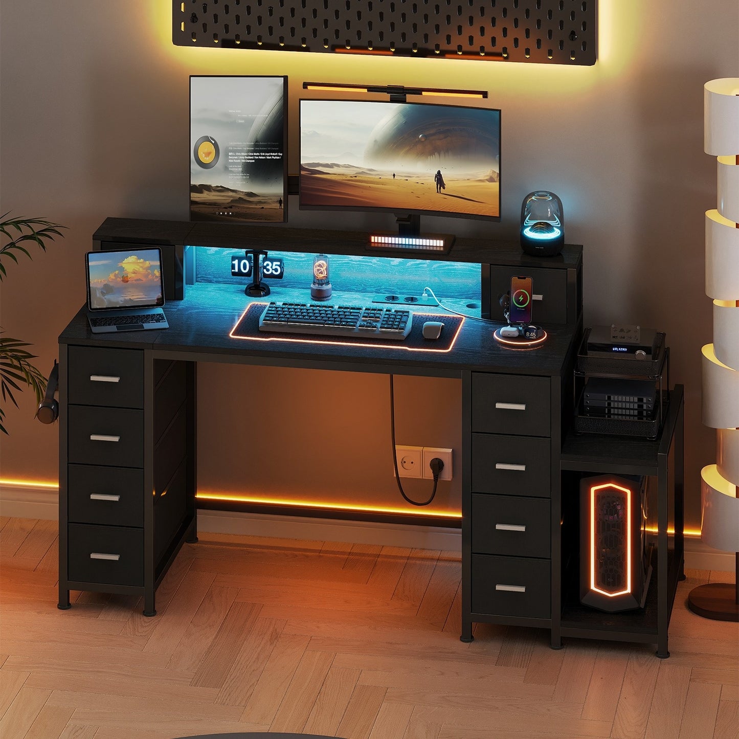 Computertafel – Bureau – Computerbureau – Bureautafel – Gaming Desk – 156x48 cm – RGB LED Verlichting – 10 Stoffen Lades en Monitorstandaard
