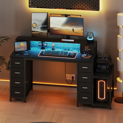 Computertafel – Bureau – Computerbureau – Bureautafel – Gaming Desk – 156x48 cm – RGB LED Verlichting – 10 Stoffen Lades en Monitorstandaard