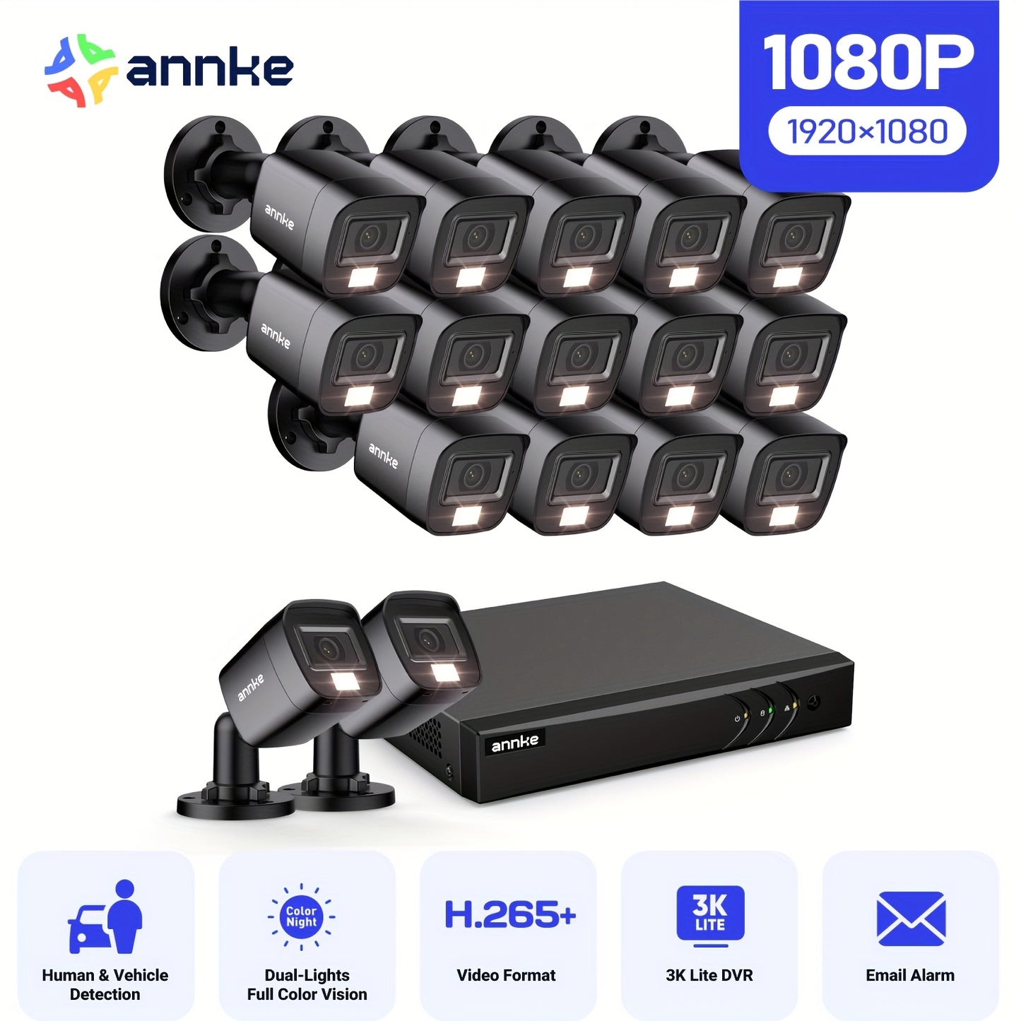 Beveiligingscamera Set – Camerabewaking – Bewakingscamera – CCTV Beveiliging – Beveiligingssysteem – 16 Camera’s 1080p Full HD – AI Mens & Voertuig Detectie