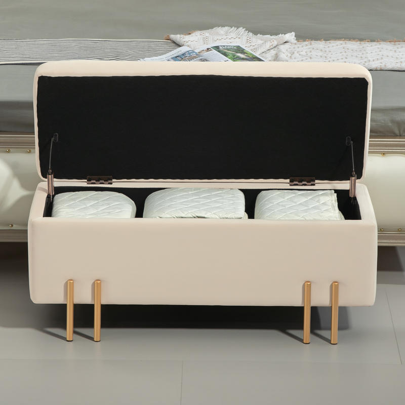 Opbergbank – Opbergbank – Zitbank – Opberghocker – Opbergmeubel – Beige Fluwelen Bekleding – Gouden Metalen Frame